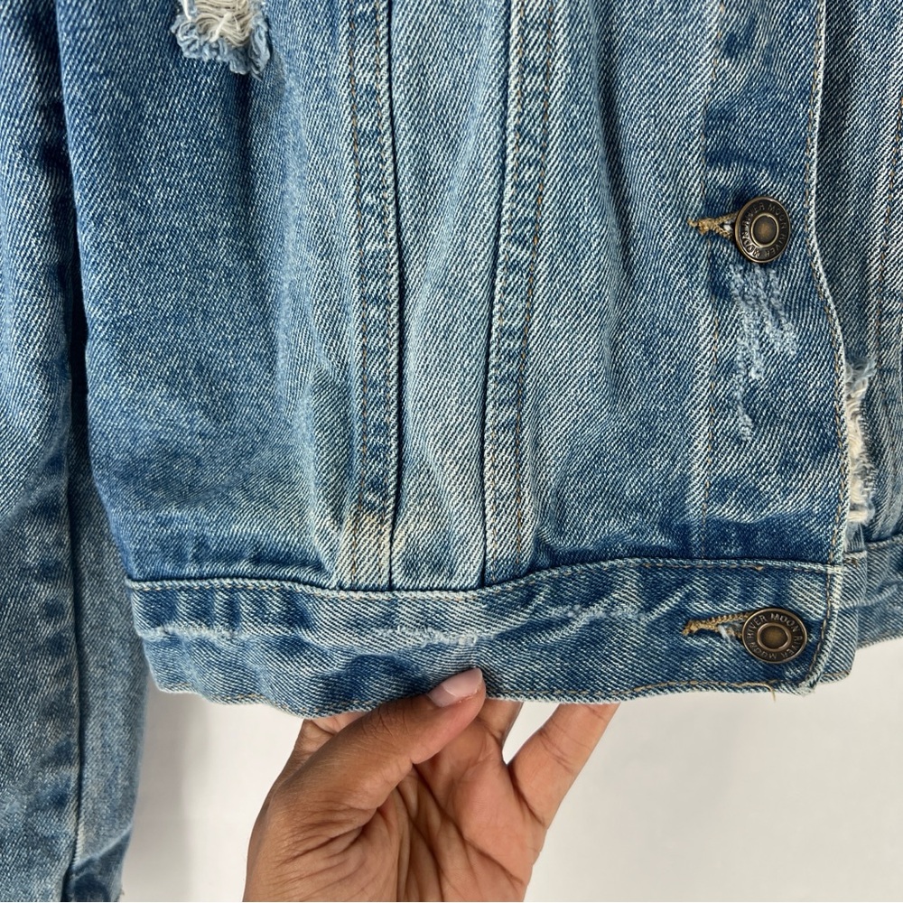 Moon River Light Blue Denim‎ Ripped Distressed Puff Shoulder Jean Jacket Size S - Picture 7 of 16